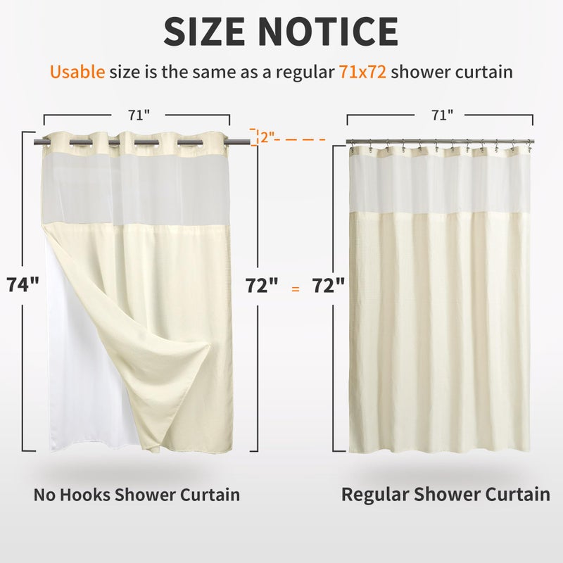 River Dream Heavyweight No Hooks Required Dotted Waffle Weave Shower Curtain with Snap in Liner - 71W x 74H,Hotel Grade,Spa Like Bath Curtain,Cream - Image 4